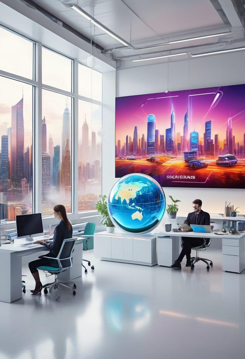 A sleek, ultra-modern workspace with designers collaborating on high-tech devices, with screens displaying stunning websites and vibrant e-commerce platforms. Include elements like a holographic globe and digital shopping carts. A futuristic city skyline is visible through the office's large windows. super-realistic. vibrant colors. white background.