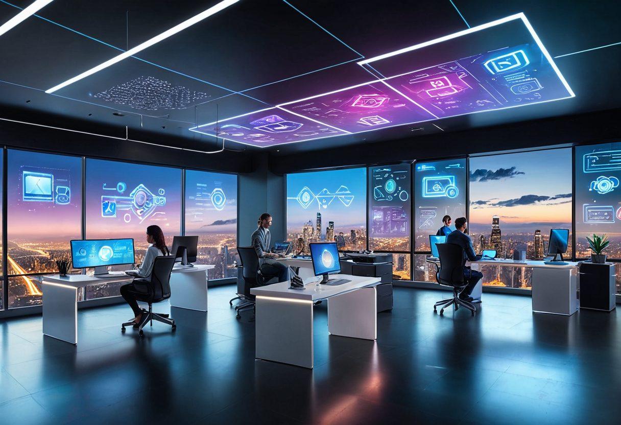 Futuristic office space with holographic screens displaying various digital services, including web design, SEO analytics, and cloud computing. A diverse team of professionals collaborating with advanced technology tools. Skyline view with high-speed connectivity symbols. super-realistic. vibrant colors.