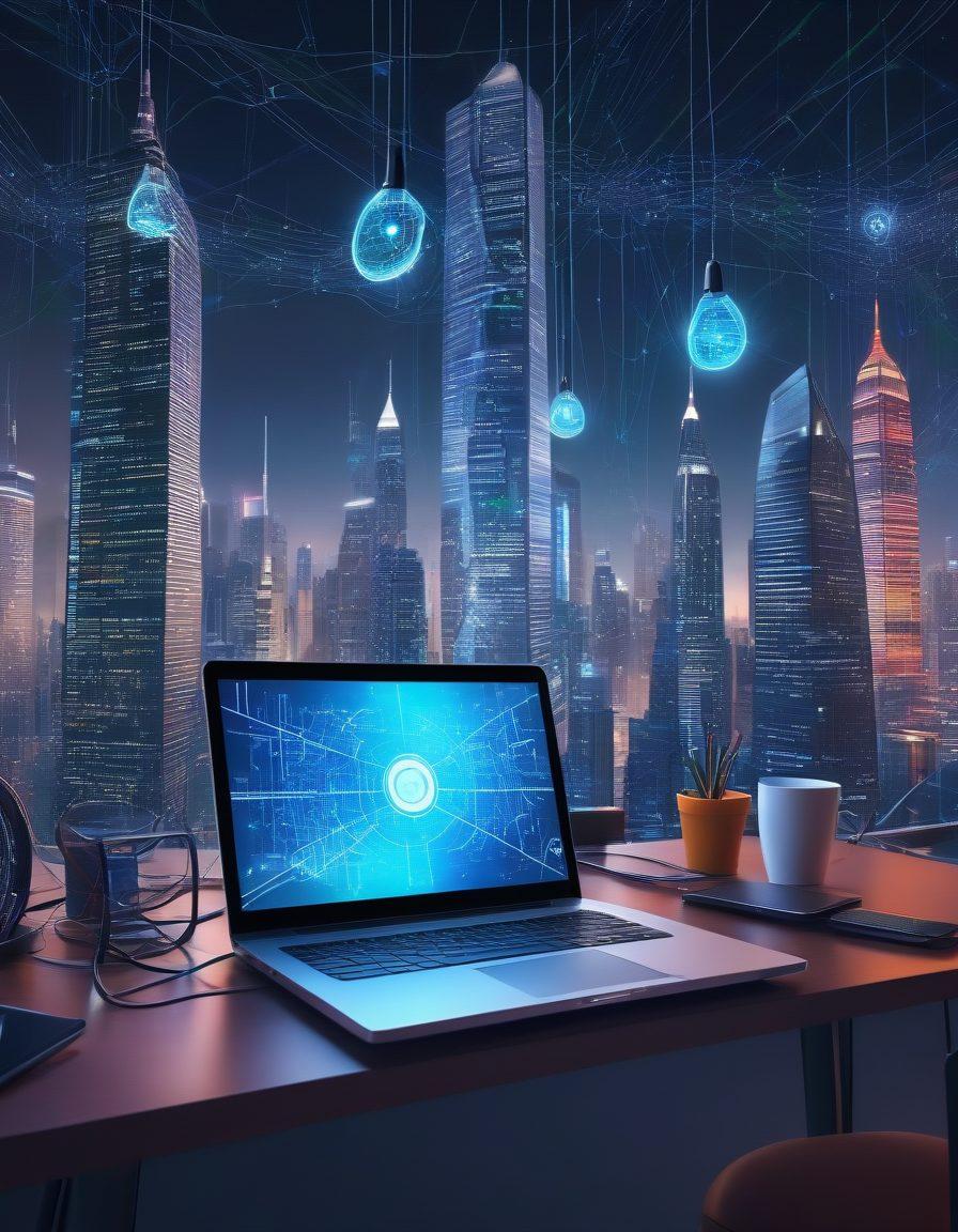 A modern workspace with a sleek laptop displaying complex web code, surrounded by various high-tech gadgets. The backdrop features a futuristic cityscape with digital networks interwoven among skyscrapers. A lightbulb icon hovers above, symbolizing creative ideas. super-realistic. vibrant colors. 3D.